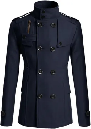 Men's Jacket Stand Collar Windproof Pea Coat Double Breasted Long Pea Coat Fall Winter Trench Coat for Men