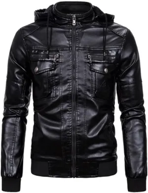 Mens Leather Jacket Winter Vintage Zipper Hoodie Color Imitation Leather Coat