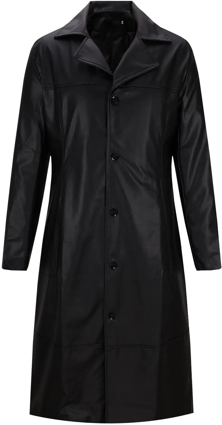 Men's Leather Trench Coat Full Length Single Breasted Windbreaker Jacket Long Overcoat