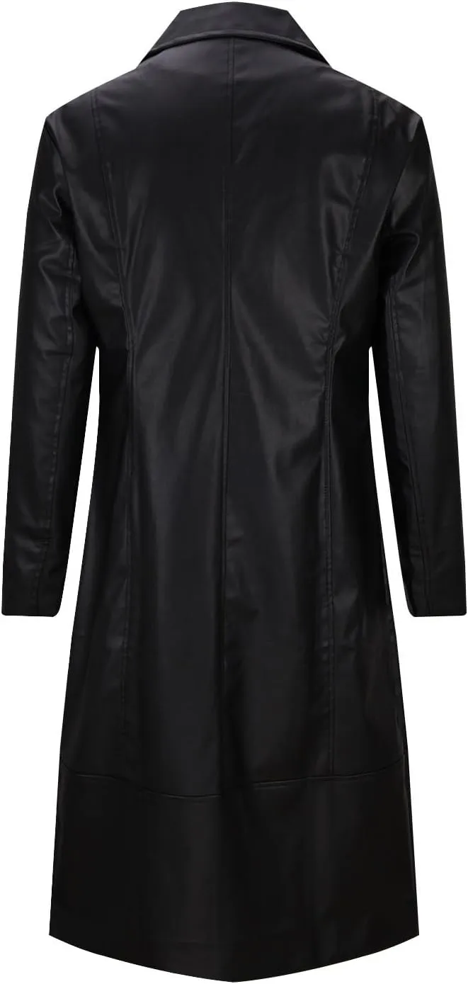 Men's Leather Trench Coat Full Length Single Breasted Windbreaker Jacket Long Overcoat