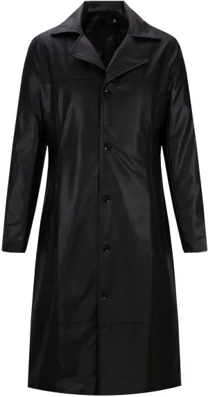 Men's Leather Trench Coat Full Length Single Breasted Windbreaker Jacket Long Overcoat