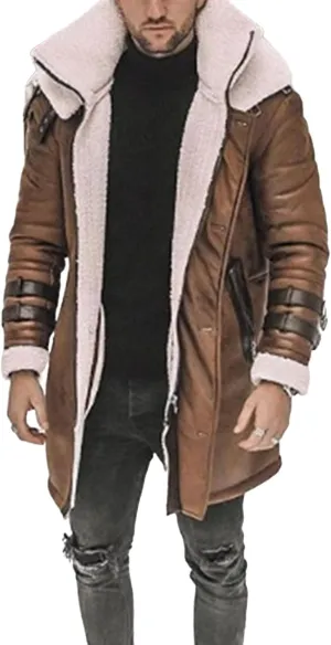 Mens Long Pea Sherpa Lined Trench Jacket Fleece Shearling Lining Heavyweight Suede Leather for Hunting Trucking