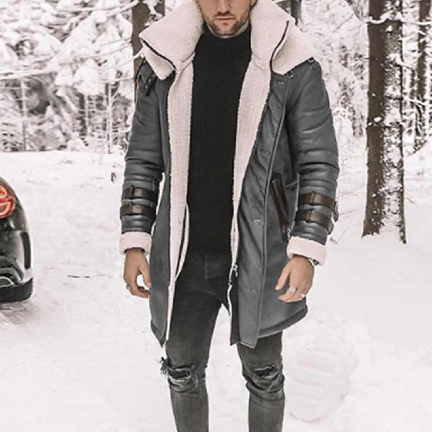 Mens Long Pea Sherpa Lined Trench Jacket Fleece Shearling Lining Heavyweight Suede Leather for Hunting Trucking