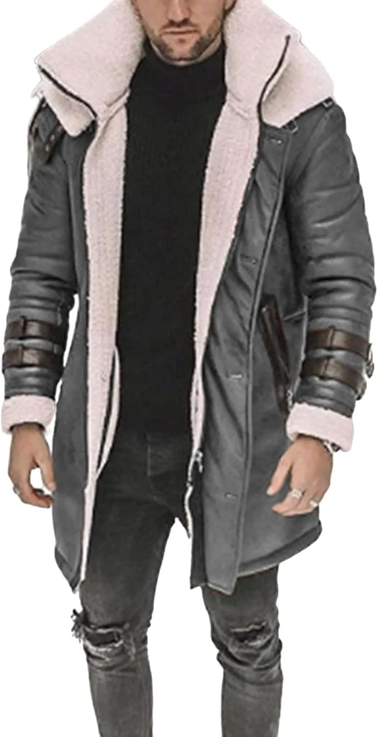 Mens Long Pea Sherpa Lined Trench Jacket Fleece Shearling Lining Heavyweight Suede Leather for Hunting Trucking