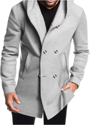 Mens Mid Long Hooded Coat Trench Coat Fleece Lining Wool Blend Cardigan Jacket Business Casual Fashion Overcoat
