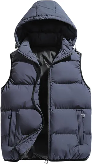 Men's Puffer Hooded Vest Thickened Padded Outdoor Detachable Hood Zipper Wear with Pockets for Casual for Autumn Winter