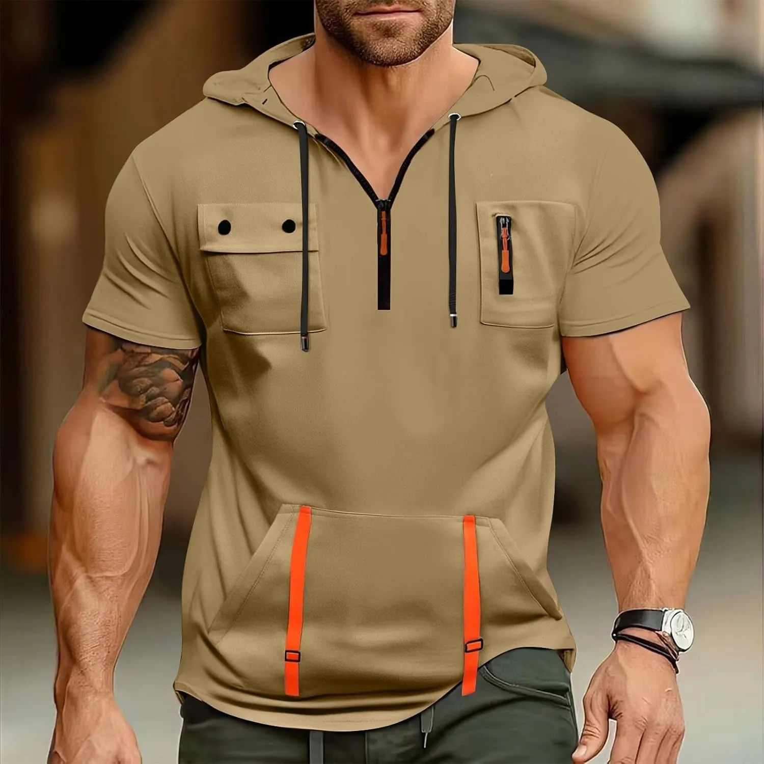 Mens Shirts Hoodies for Men Short Sleeve Quarter Zip Hoodie Tops Lightweight Oversized Hooded Tshirts with Pocket