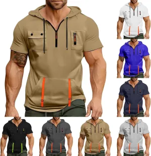 Mens Shirts Hoodies for Men Short Sleeve Quarter Zip Hoodie Tops Lightweight Oversized Hooded Tshirts with Pocket