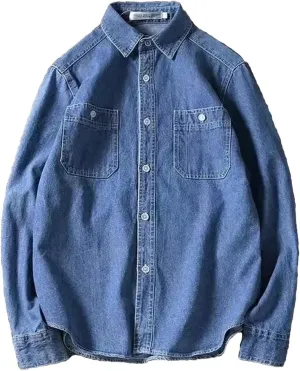 Men's Spring Vintage Denim Long Sleeve Shirt Casual Loose Fit Jean Jacket Top Work Shirt Plus Size Shirt