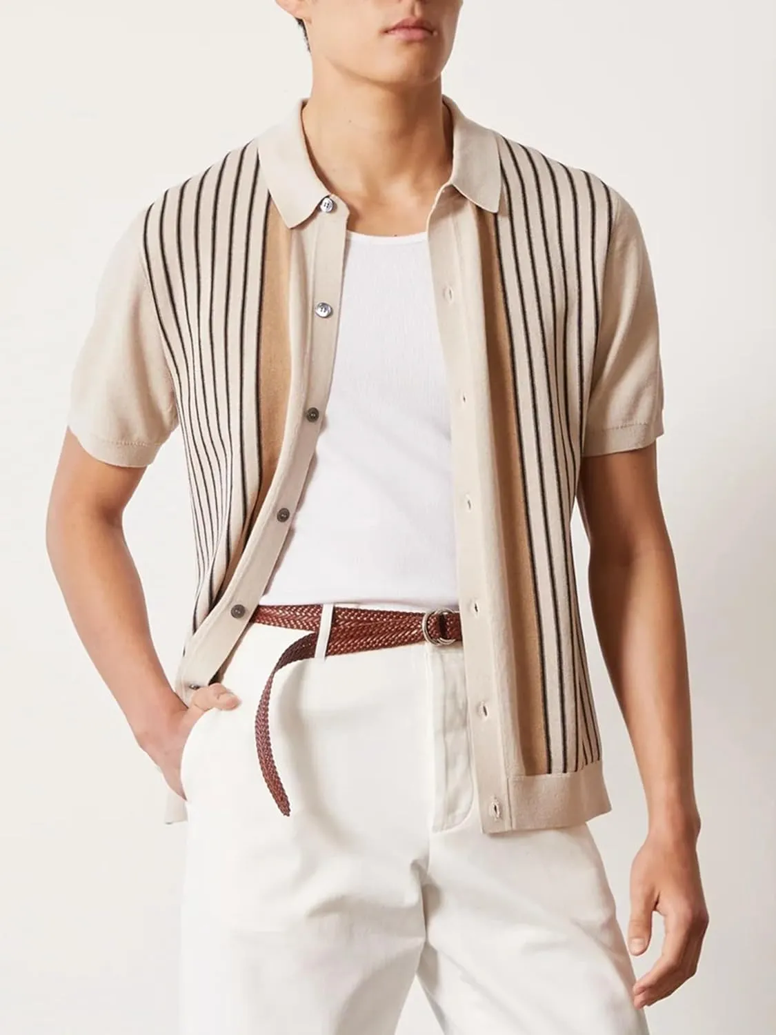 Men's Stripe Knit Shirt Button Down Short Sleeve Polo Shirt Sweater