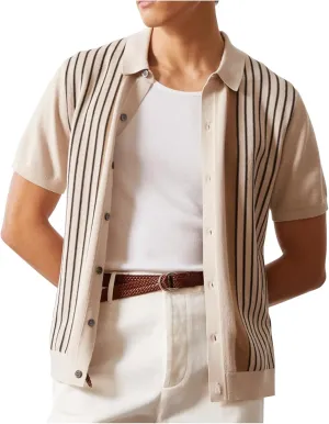 Men's Stripe Knit Shirt Button Down Short Sleeve Polo Shirt Sweater