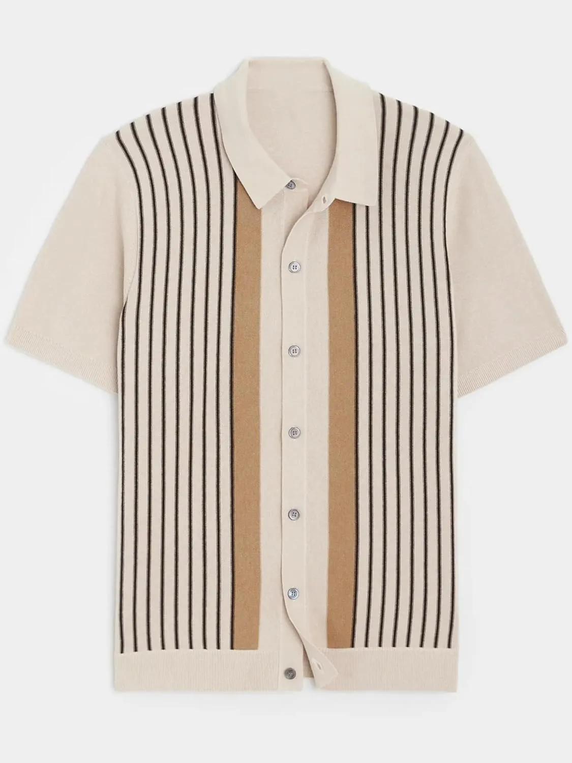 Men's Stripe Knit Shirt Button Down Short Sleeve Polo Shirt Sweater