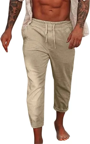 Men's Summer Cotton and Linen Solid Color Drawstring Loose Casual Outdoor Beach Pants 2025