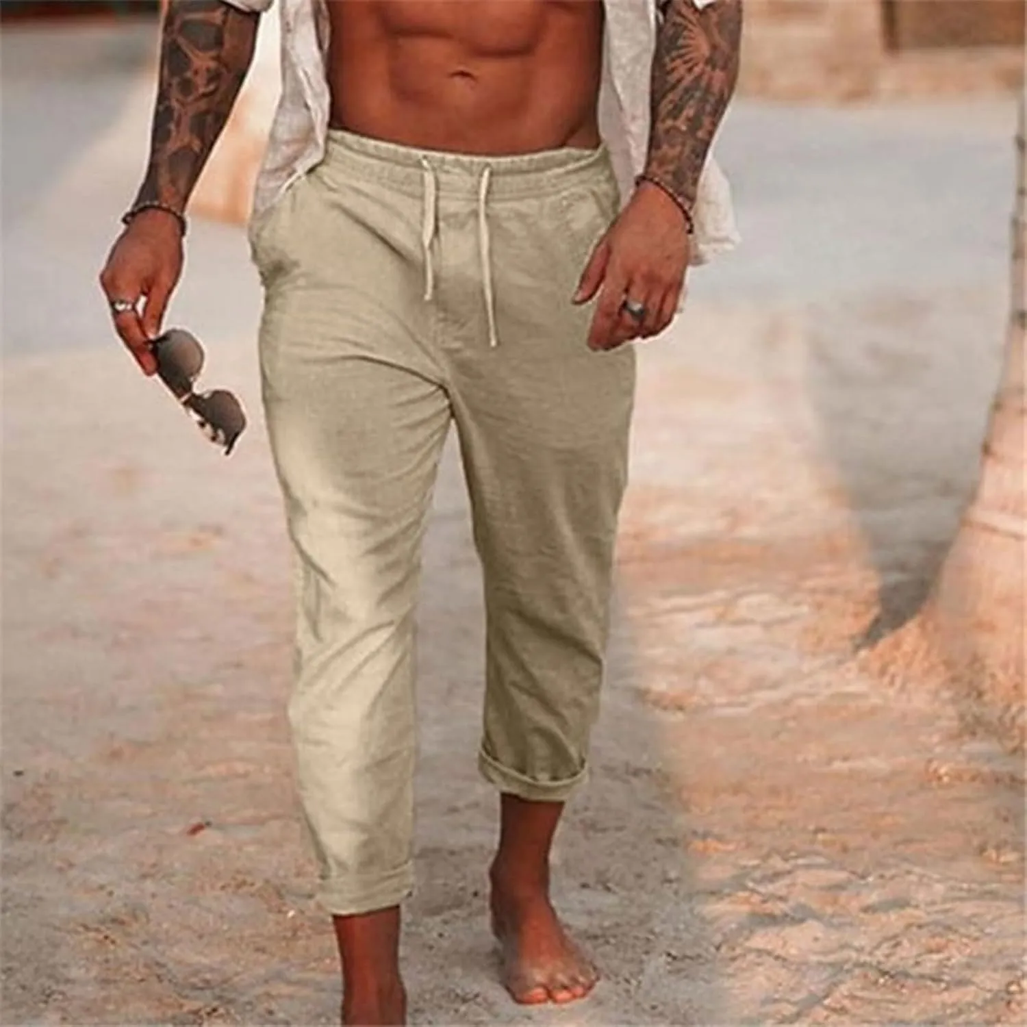 Men's Summer Cotton and Linen Solid Color Drawstring Loose Casual Outdoor Beach Pants 2025