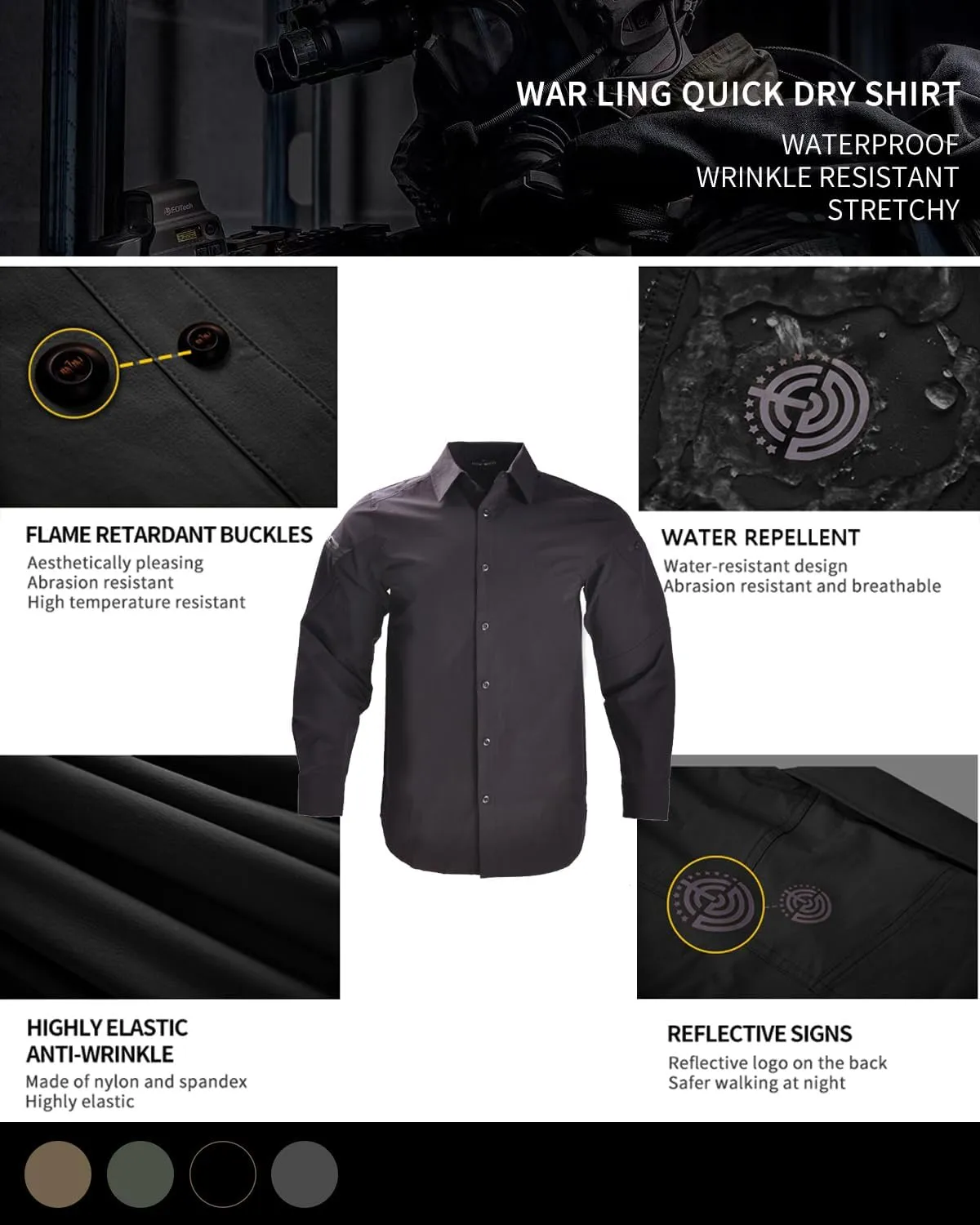 Men's Tactical Shirt Fishing Shirts Long Sleeve Sun Protection Breathable Quick Dry Work Shirt for Hiking