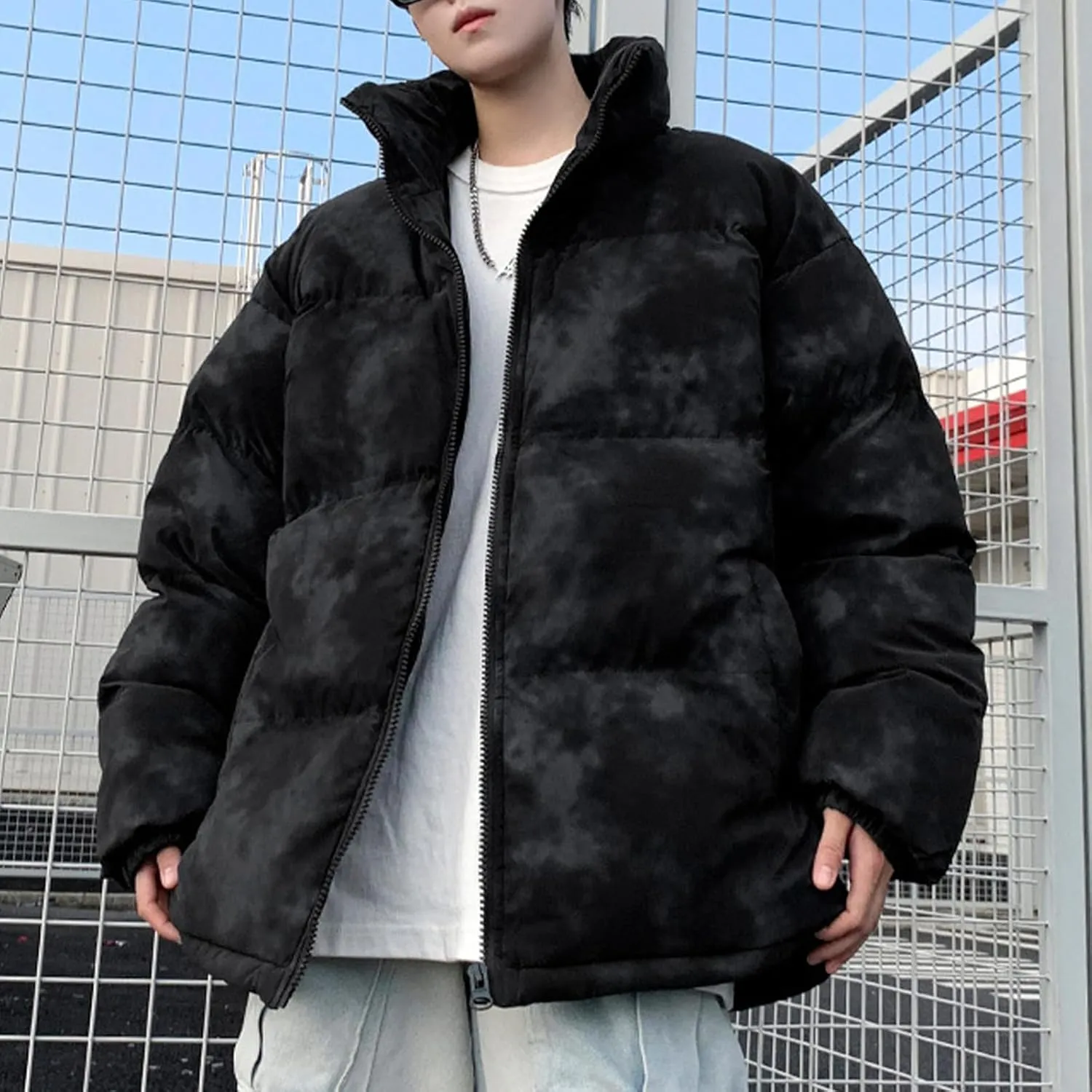 Men's Tie Dye Puffer Jacket Winter Warm Down Coats Stand Collar Cotton Padded Waterproof Outerwear with Pockets