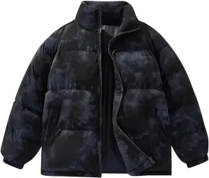 Men's Tie Dye Puffer Jacket Winter Warm Down Coats Stand Collar Cotton Padded Waterproof Outerwear with Pockets