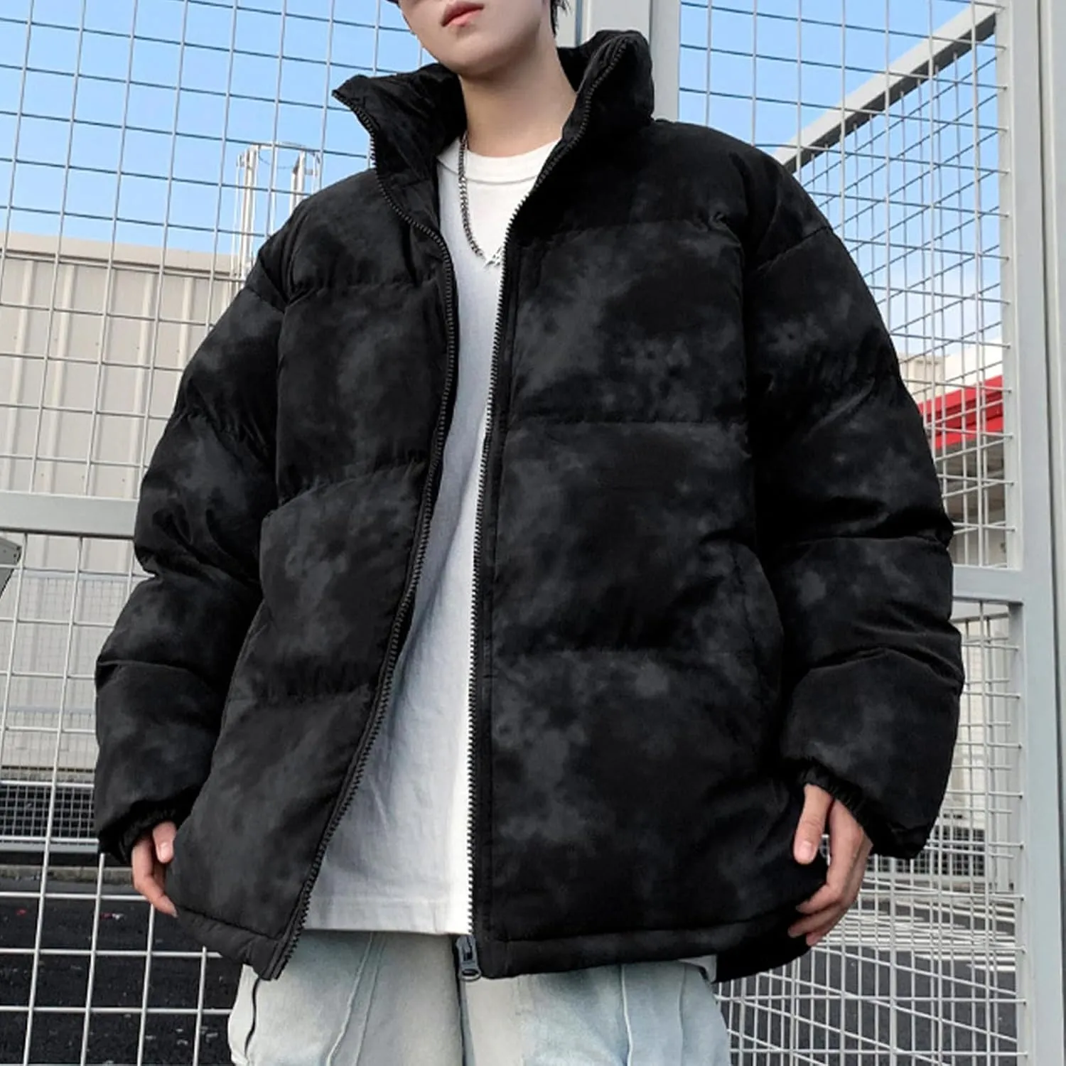 Men's Tie Dye Puffer Jacket Winter Warm Down Coats Stand Collar Cotton Padded Waterproof Outerwear with Pockets