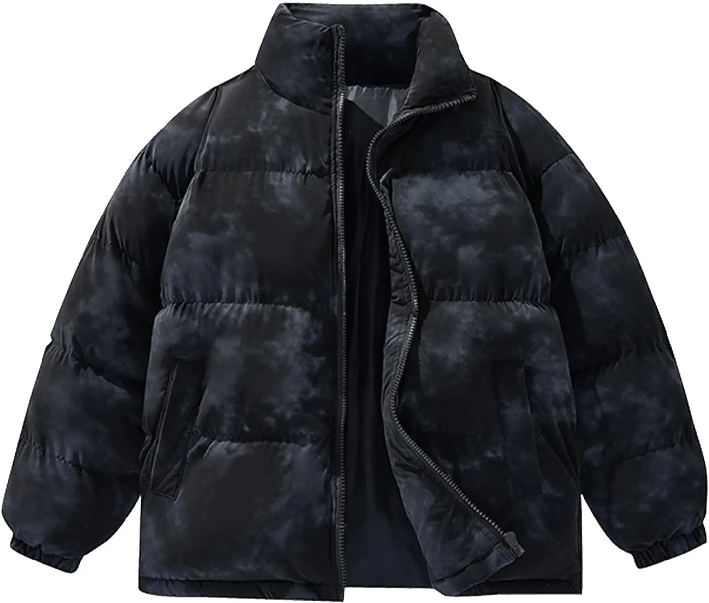 Men's Tie Dye Puffer Jacket Winter Warm Down Coats Stand Collar Cotton Padded Waterproof Outerwear with Pockets