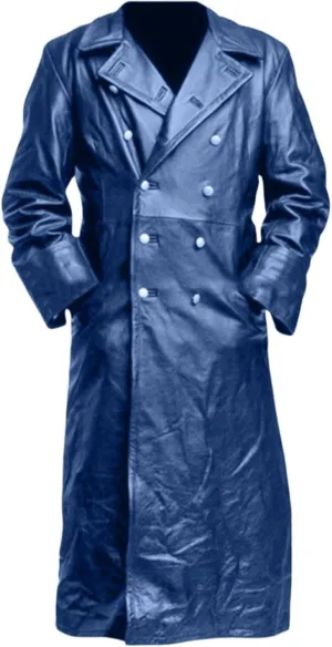 Mens Vintage German Classic WW2 Officer Military Uniform Black Leather Trench Coat, Long Motorcycle Jacket
