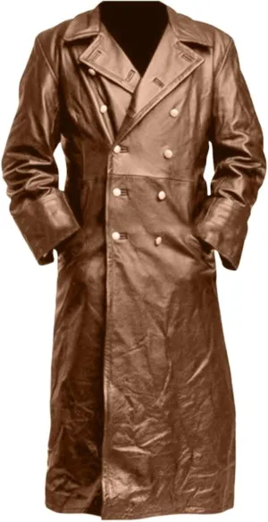 Mens Vintage German Classic WW2 Officer Military Uniform Black Leather Trench Coat, Long Motorcycle Jacket