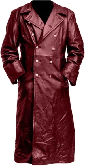 Mens Vintage German Classic WW2 Officer Military Uniform Black Leather Trench Coat, Long Motorcycle Jacket