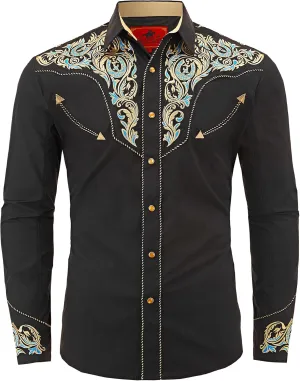 Men's Western Cowboy Shirt Embroidered Long Sleeve Casual Button Down Shirt