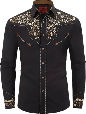 Men's Western Cowboy Shirt Embroidered Long Sleeve Casual Button Down Shirt
