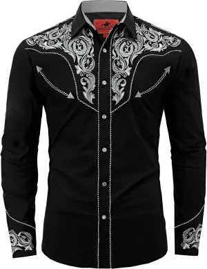 Men's Western Cowboy Shirt Embroidered Long Sleeve Casual Button Down Shirt