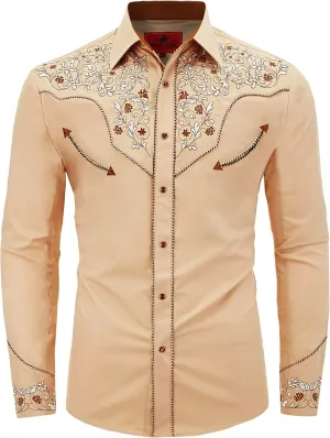 Men's Western Cowboy Shirt Embroidered Long Sleeve Casual Button Down Shirt