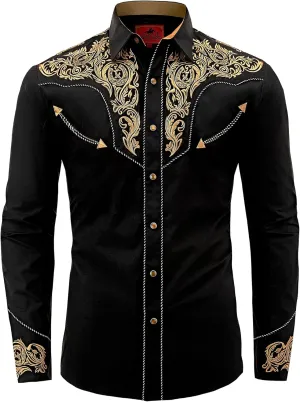 Men's Western Cowboy Shirt Embroidered Long Sleeve Casual Button Down Shirt