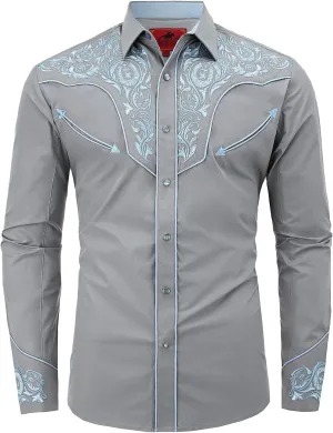 Men's Western Cowboy Shirt Embroidered Long Sleeve Casual Button Down Shirt