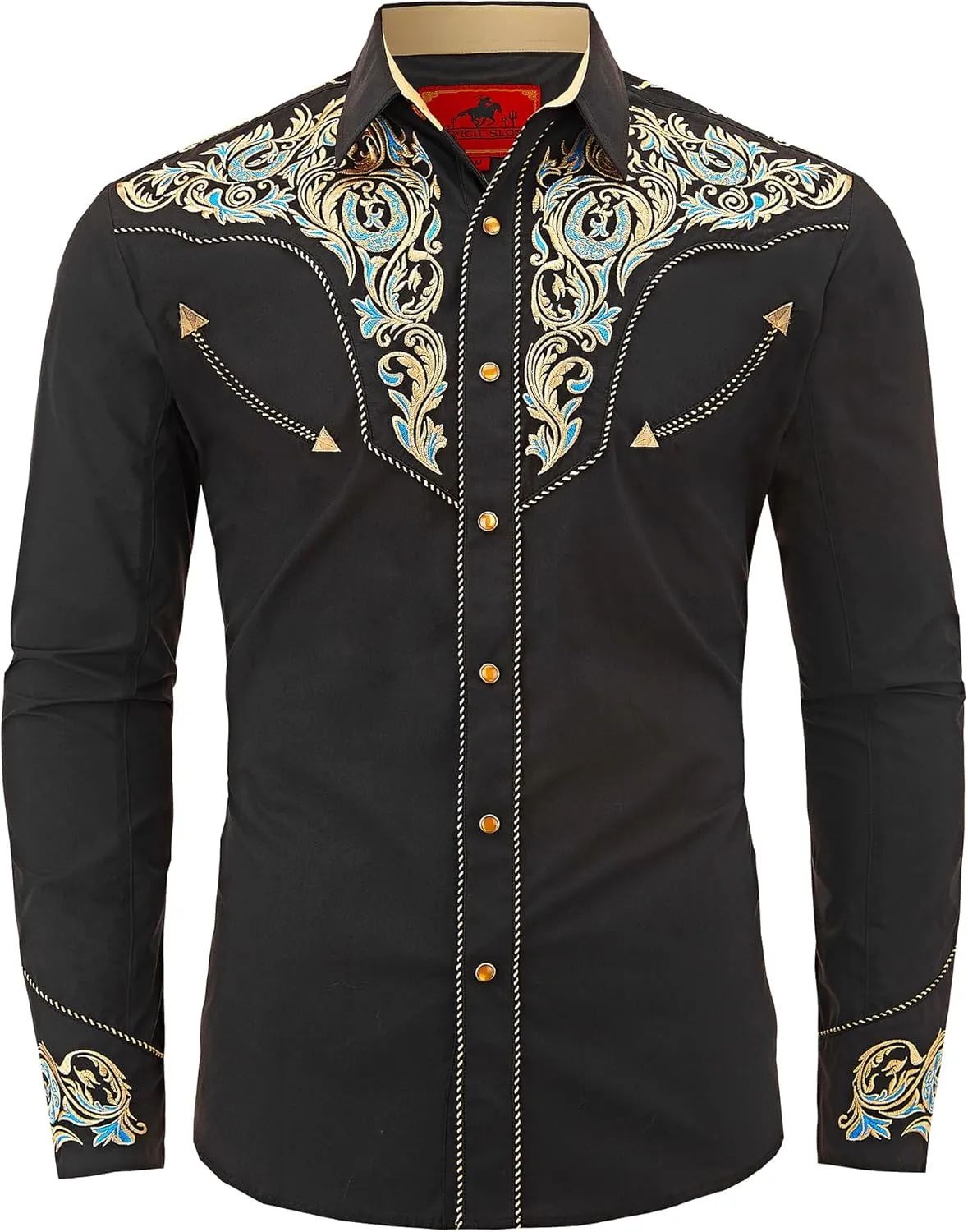Men's Western Cowboy Shirt Embroidered Long Sleeve Casual Button Down Shirt