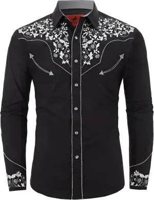 Men's Western Cowboy Shirt Embroidered Long Sleeve Casual Button Down Shirt