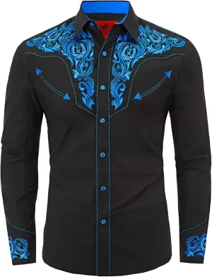 Men's Western Cowboy Shirt Embroidered Long Sleeve Casual Button Down Shirt