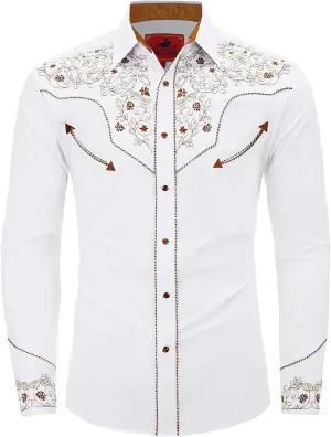 Men's Western Cowboy Shirt Embroidered Long Sleeve Casual Button Down Shirt