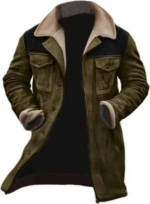 Men's Western Vintage Suede Lamb Fleece Jacket Sherpa Multi Pocket Button Outdoor Coat Warm Retro Top 2024