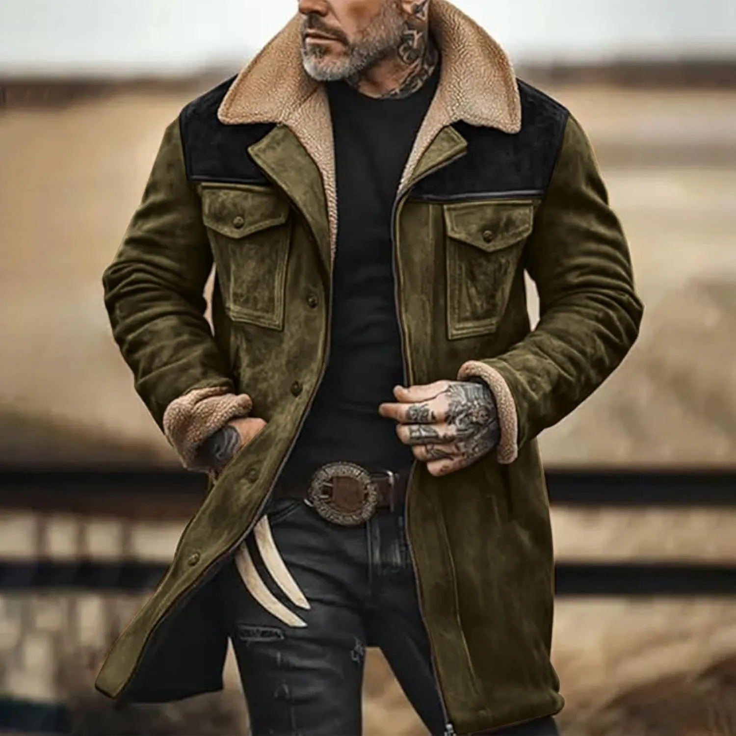 Men's Western Vintage Suede Lamb Fleece Jacket Sherpa Multi Pocket Button Outdoor Coat Warm Retro Top 2024