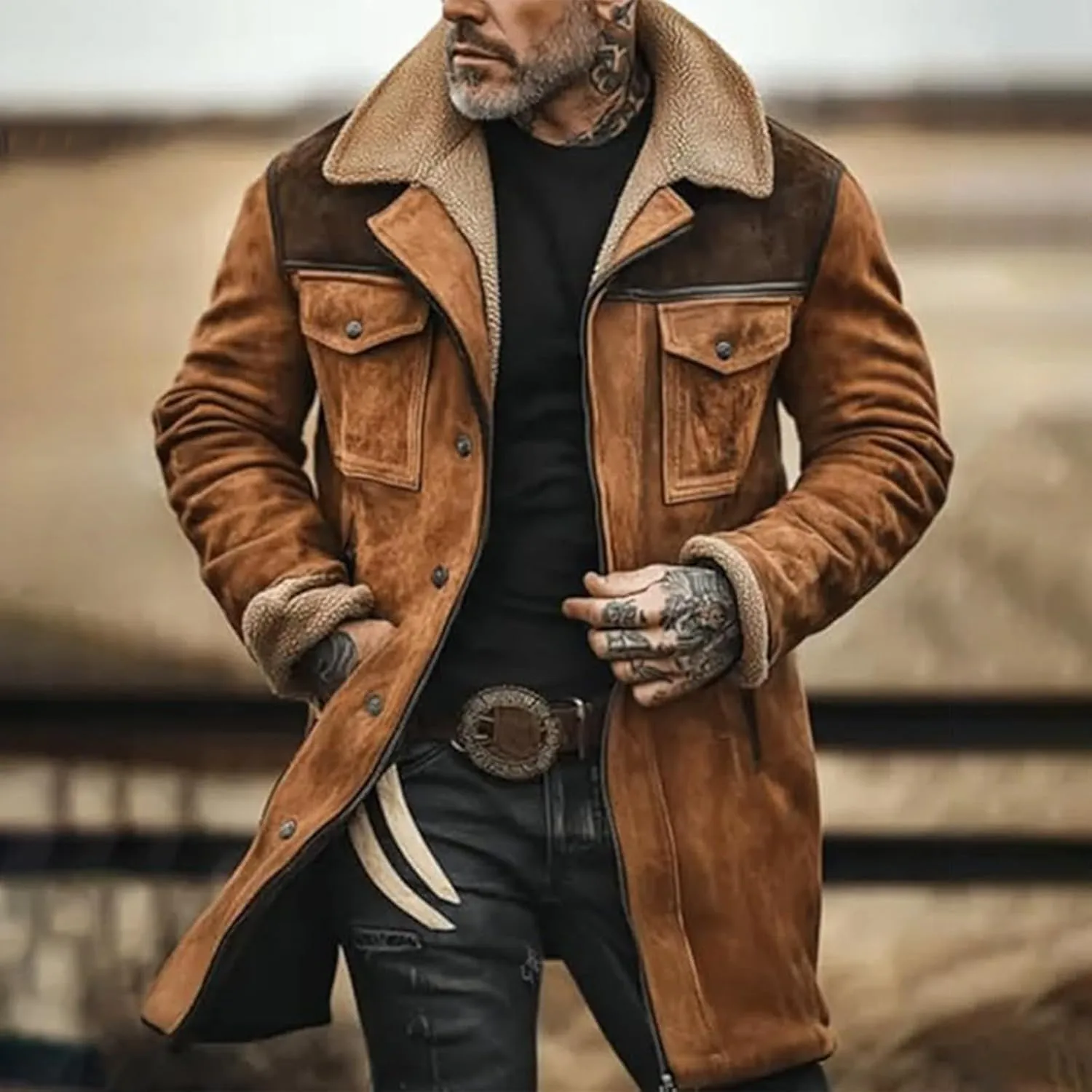 Men's Western Vintage Suede Lamb Fleece Jacket Sherpa Multi Pocket Button Outdoor Coat Warm Retro Top 2024