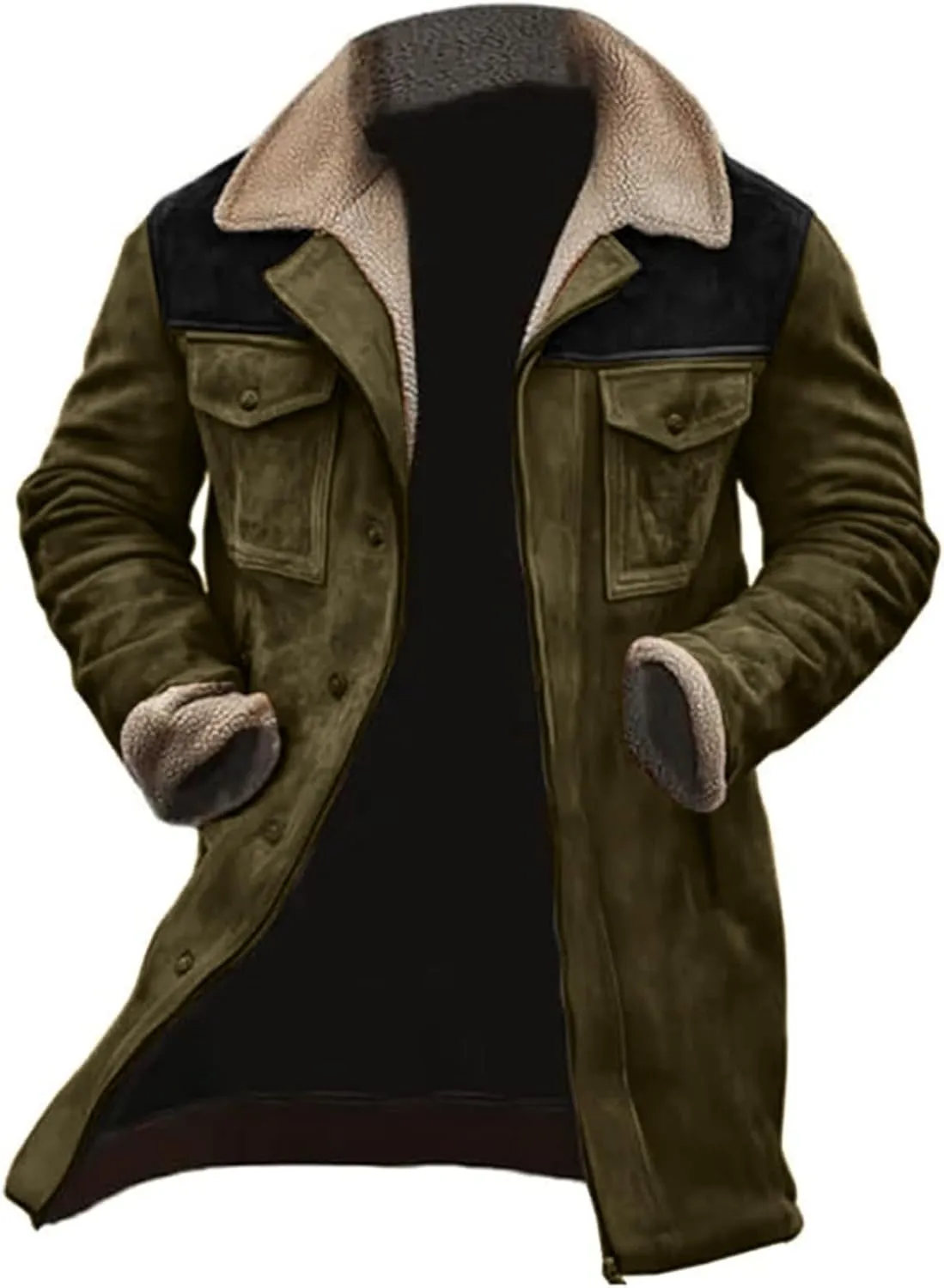 Men's Western Vintage Suede Lamb Fleece Jacket Sherpa Multi Pocket Button Outdoor Coat Warm Retro Top 2024