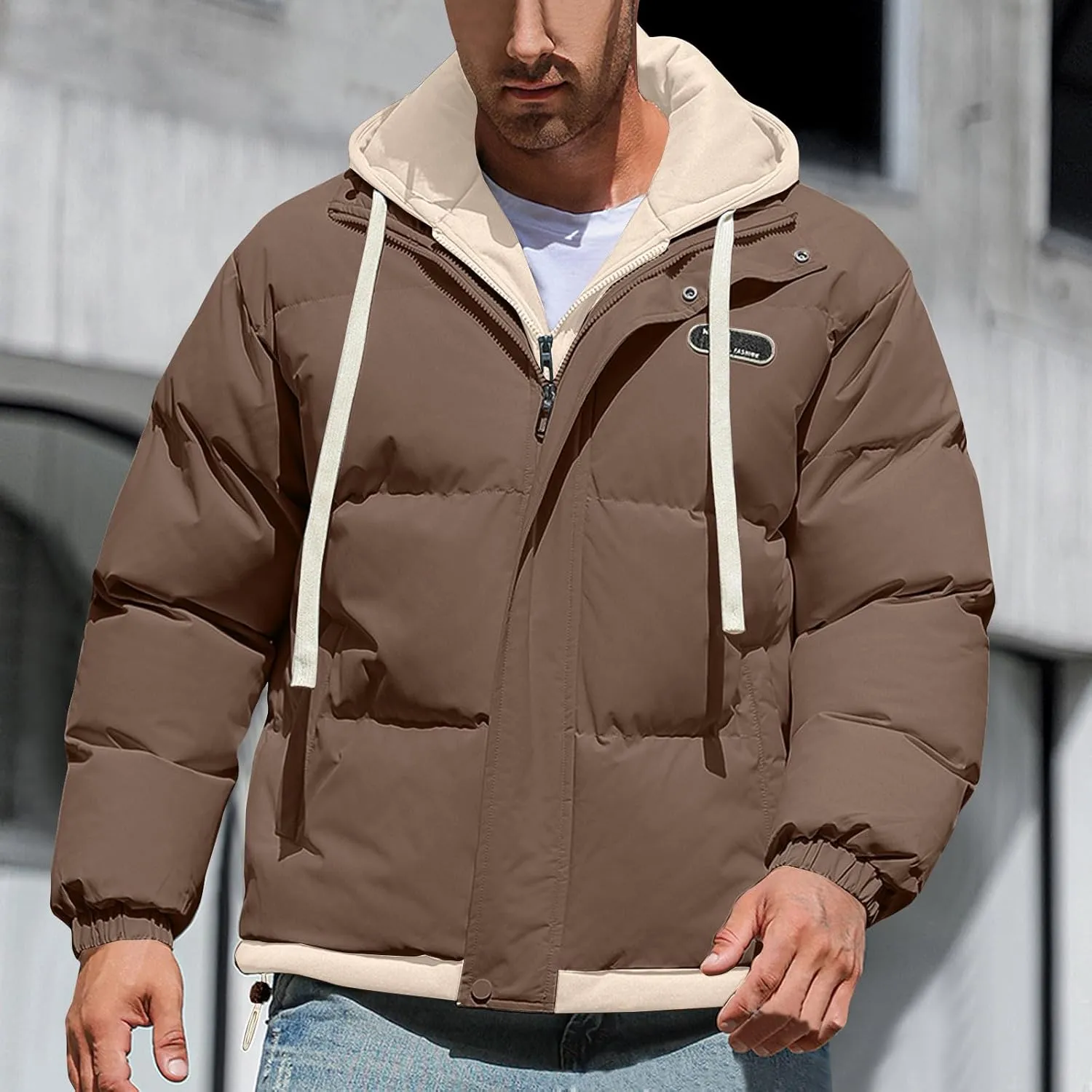 Mens Winter Puffer Jacket Hooded Down Coats Cotton Padded Warm Windproof Outerwear with Pockets