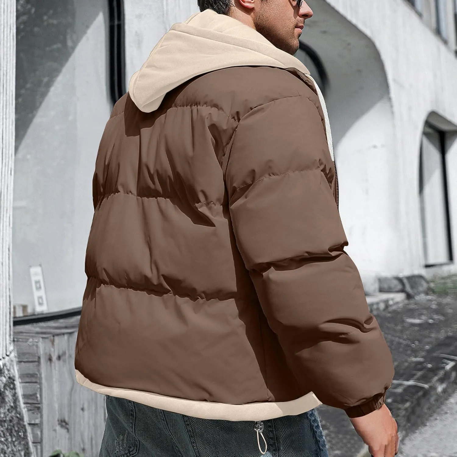 Mens Winter Puffer Jacket Hooded Down Coats Cotton Padded Warm Windproof Outerwear with Pockets