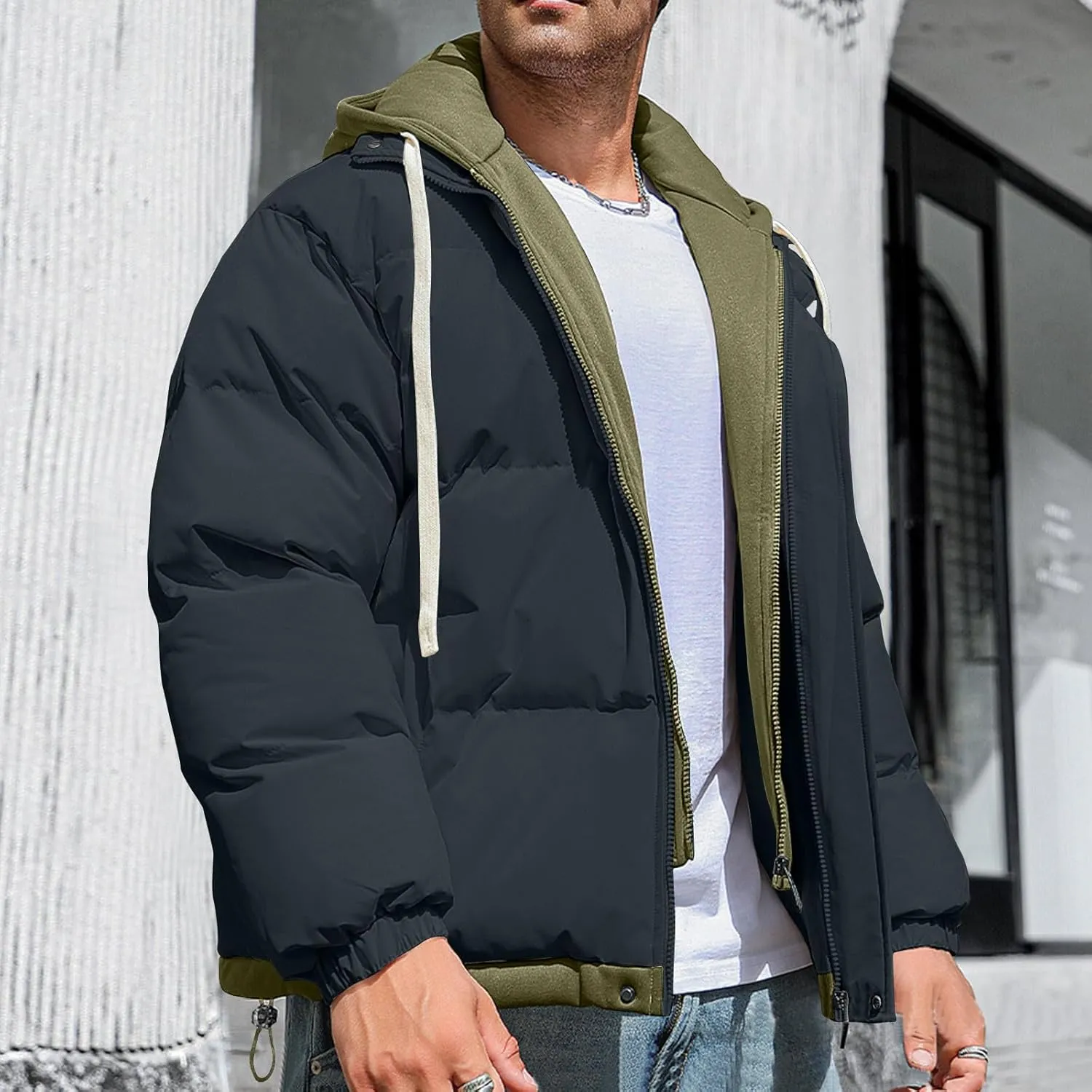 Mens Winter Puffer Jacket Hooded Down Coats Cotton Padded Warm Windproof Outerwear with Pockets