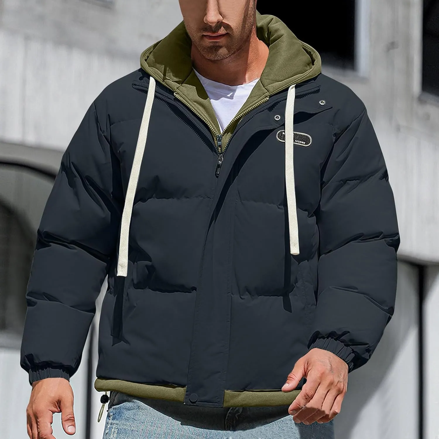 Mens Winter Puffer Jacket Hooded Down Coats Cotton Padded Warm Windproof Outerwear with Pockets