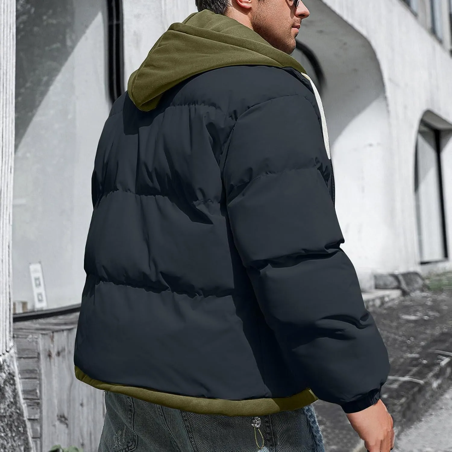 Mens Winter Puffer Jacket Hooded Down Coats Cotton Padded Warm Windproof Outerwear with Pockets