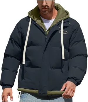 Mens Winter Puffer Jacket Hooded Down Coats Cotton Padded Warm Windproof Outerwear with Pockets