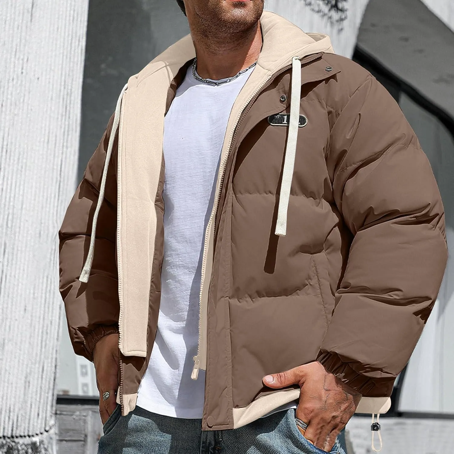 Mens Winter Puffer Jacket Hooded Down Coats Cotton Padded Warm Windproof Outerwear with Pockets