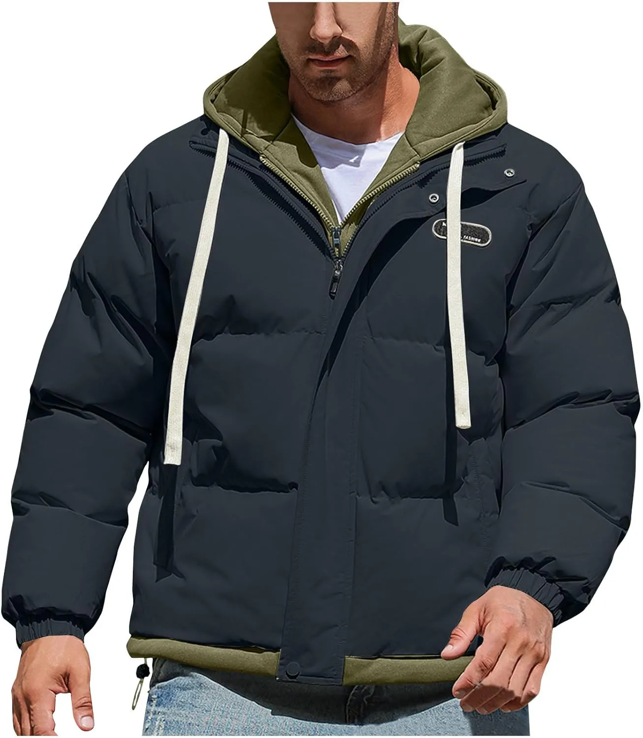 Mens Winter Puffer Jacket Hooded Down Coats Cotton Padded Warm Windproof Outerwear with Pockets