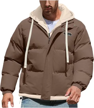Mens Winter Puffer Jacket Hooded Down Coats Cotton Padded Warm Windproof Outerwear with Pockets