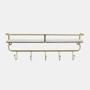 Metal/wood 20" 5 Hook Wall Shelf, White/gold